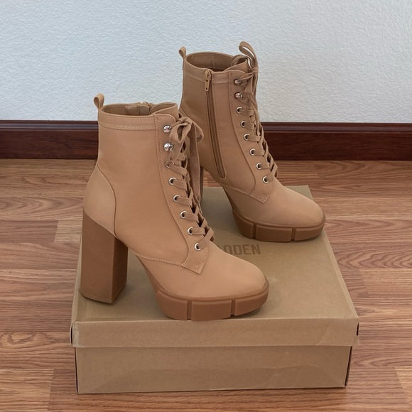 Steve Madden Hani Lace Up High Heeled Platform Combat Booties Size 8.5 Tan NIB - Picture 9 of 9